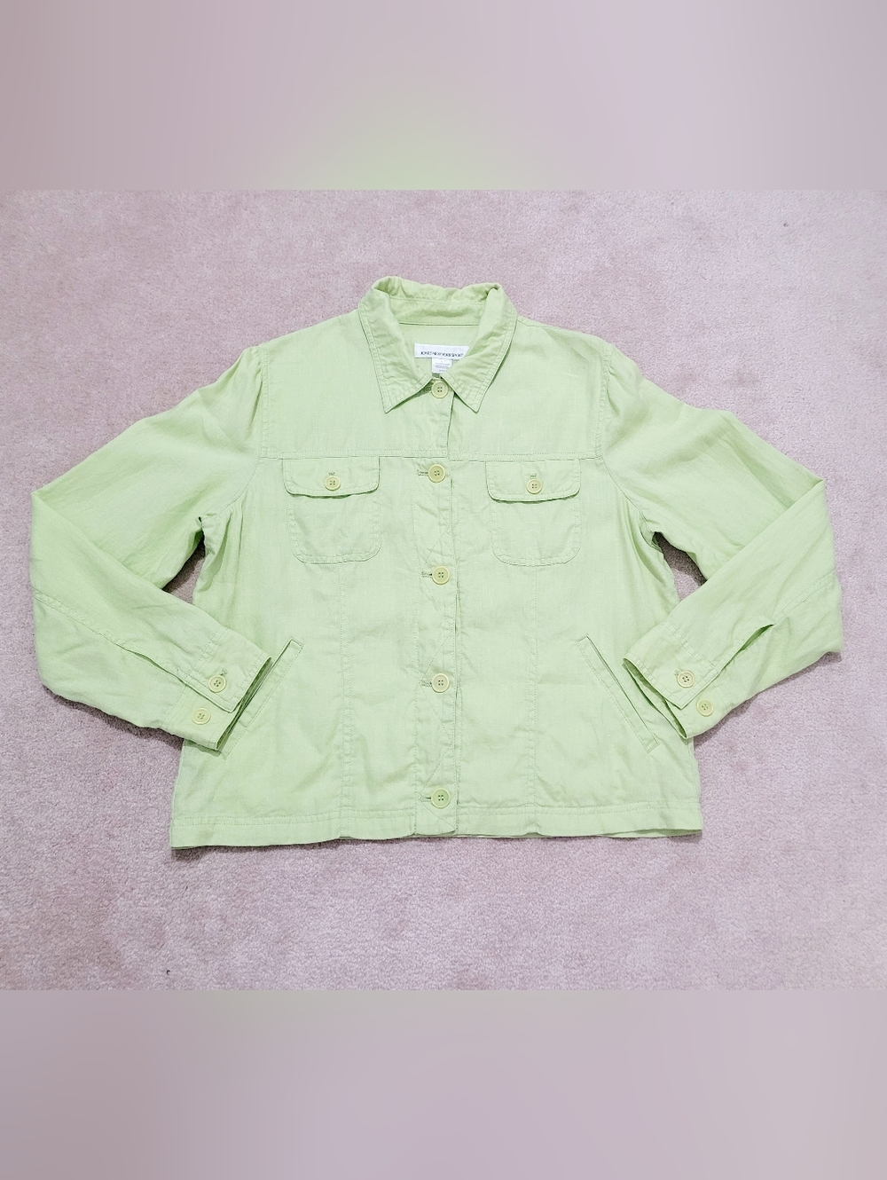 100% Linen Jacket Womens Size Large Green Button Front Utility Classic Casual - Picture 11 of 13
